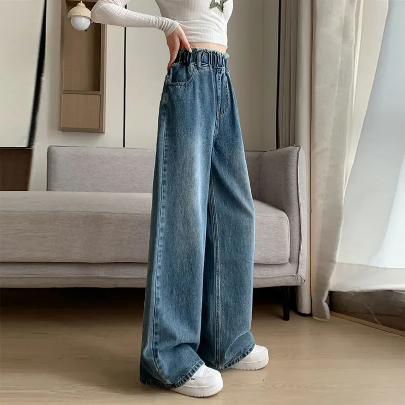 Large Size Denim Trousers Women Trailing Straight Wide Leg Loose High Waisted Slim Lace Tassel Higher Pants 250513