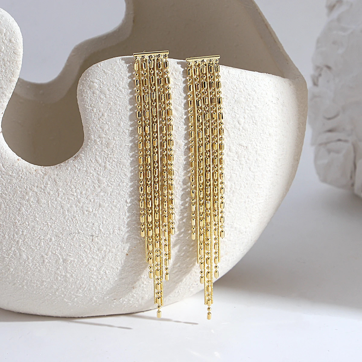 Greatera Trendy Gold Plated Copper Alloy Beads Chain Tassel Drop Earrings for Women Long Hanging Earrings Party Jewelry 250513