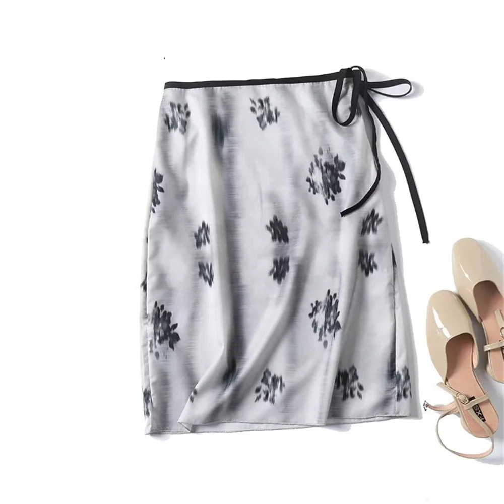 UNIZERA Womens Elegant Blended Printed Tie Waist Skirt Zipper Decoration SpringSummer Casual Wear 250514