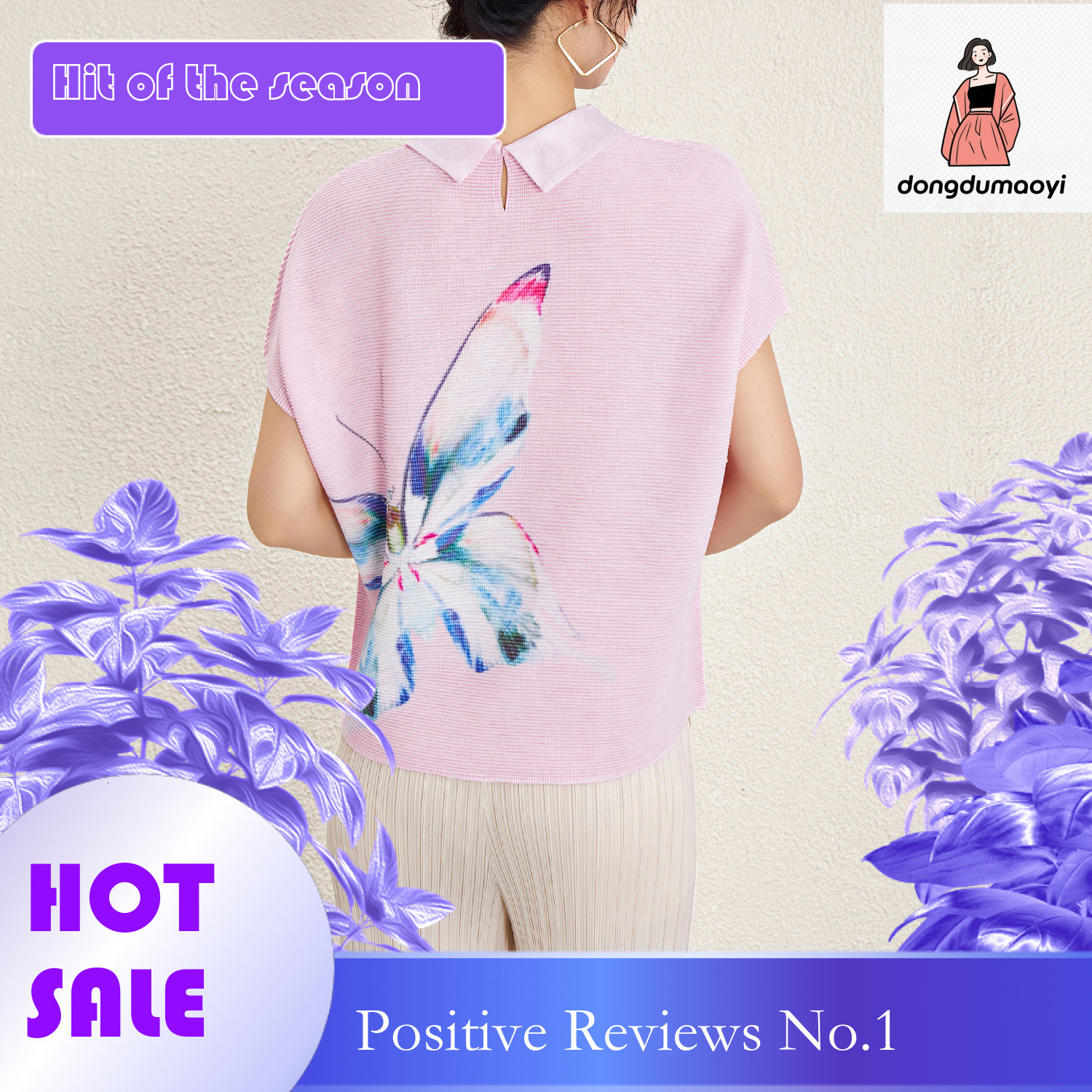 dongdumaoyi New European style short sleeved pleated top spring and summer 2024, featuring a niche design otaku. Polo small collar printed T-shirt for