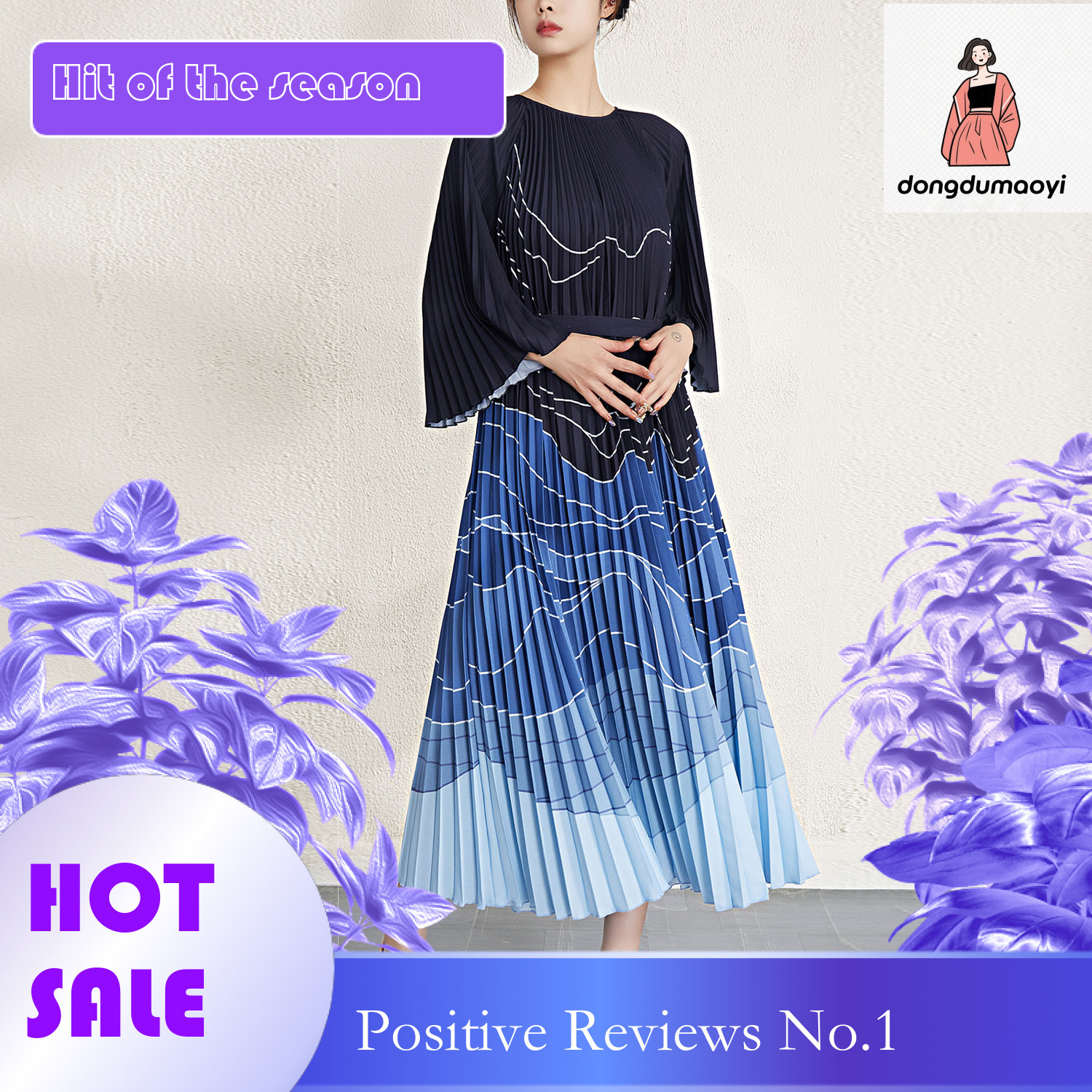 dongdumaoyi Women s skirt plus size loose printed accordion pleated three bedroom long sleeved dress for women