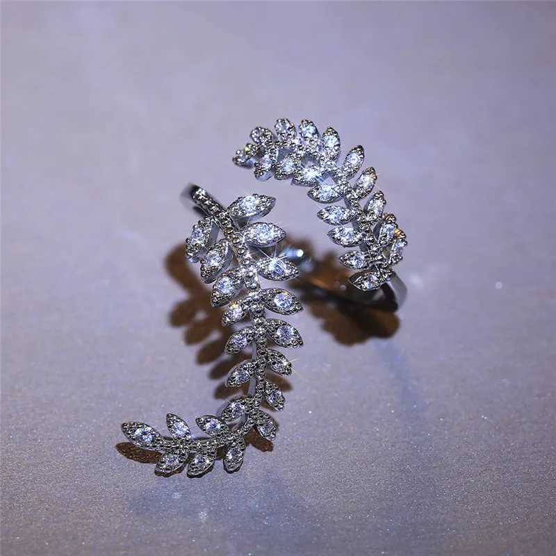 Graceful Leaves Both End of Open Ring 925 Sterling Silver Girl Cocktail Party Rings Shine Crystal Zircon Fashion Women JewelryXJ250514