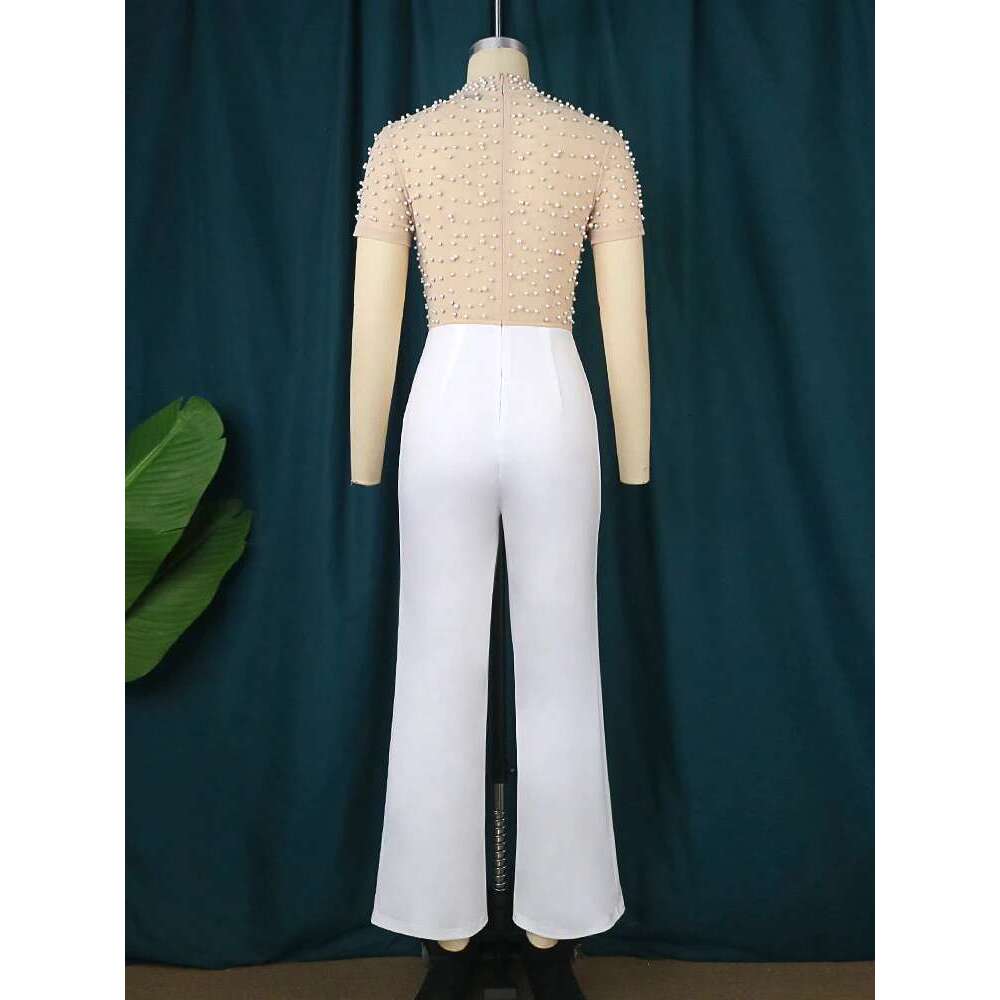 Plus Size Jumpsuits for Women See Through Beading Long Sleeve Beige Black Empire Wide Leg One Piece Outfits Rompers