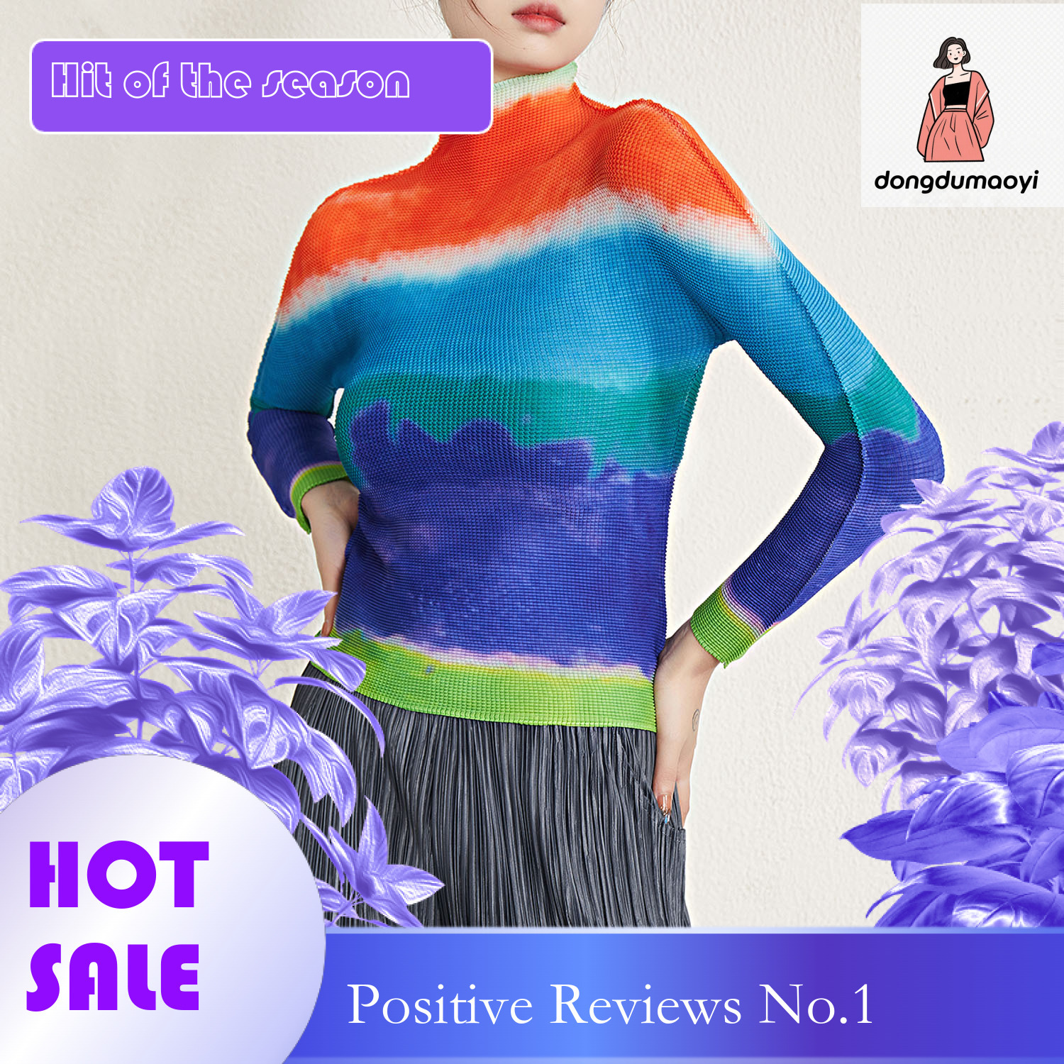dongdumaoyi Wrinkled top abstract sunset print top, long sleeved T-shirt for women, new slim fit, slimming temperament, and stylish small shirt