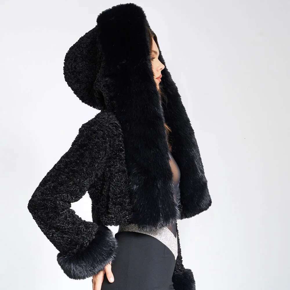 Getspring Women Coat 2024 Autumn Winter Hooded Rabbit Collar Short Imitation Fur Jacket Fashion All Match Solid Warm Tops