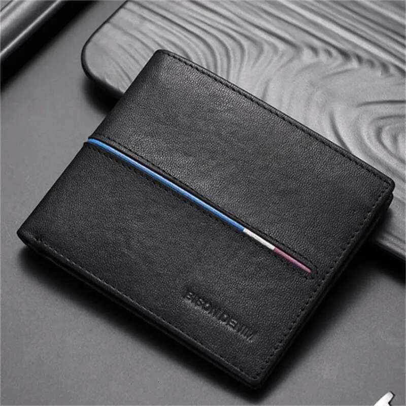 BISON DENIM Genuine Leather Brand Fashion Short Purses Coin Purse ID Credit Card Holder Slim Bifold Wallet Men N4437