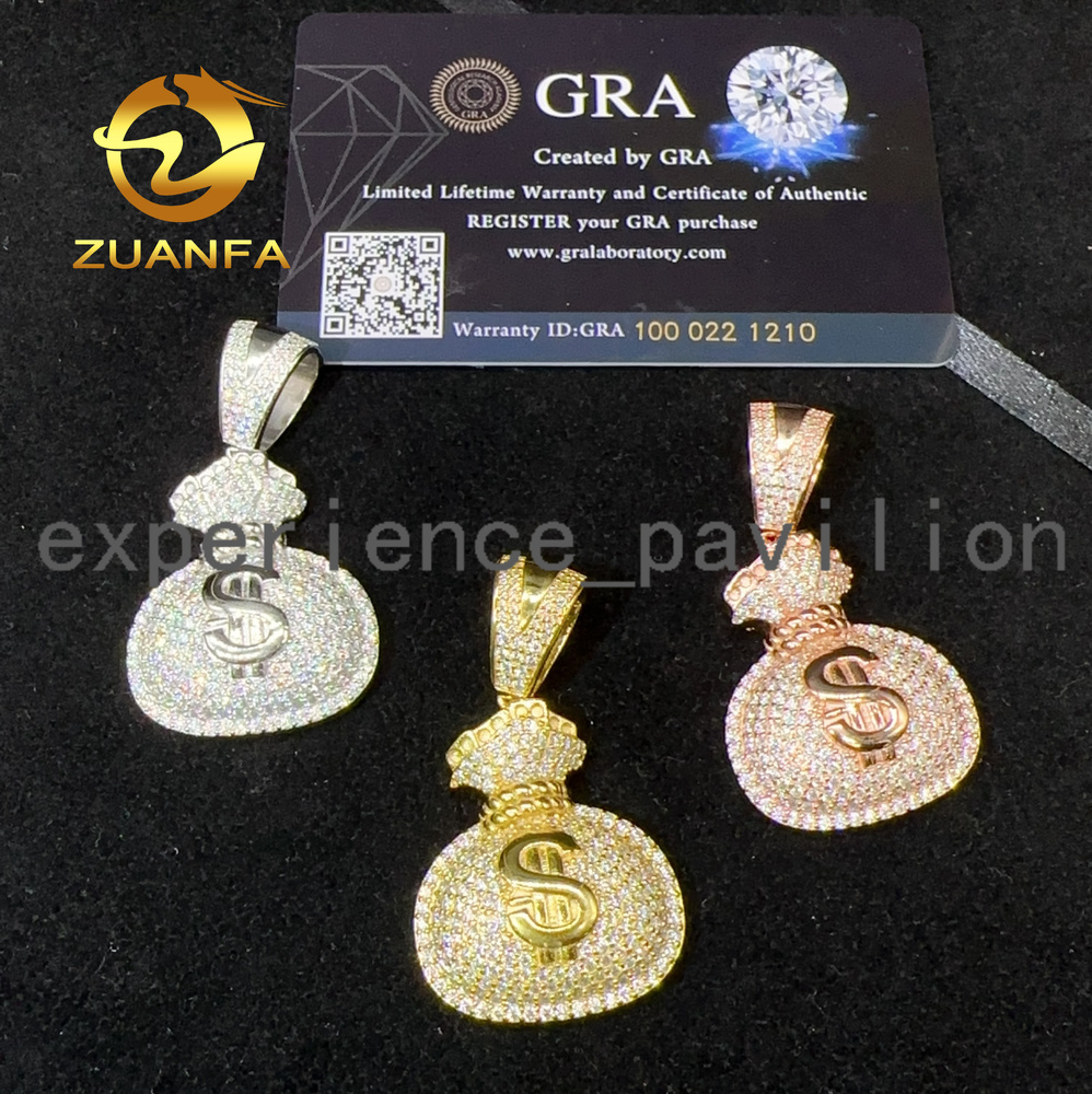 Dropshipping Iced Out Jewelry VVS Moissanite Diamond Pendant Money Bag Pendant Pass Diamond Tester Hip Hop Pendant
