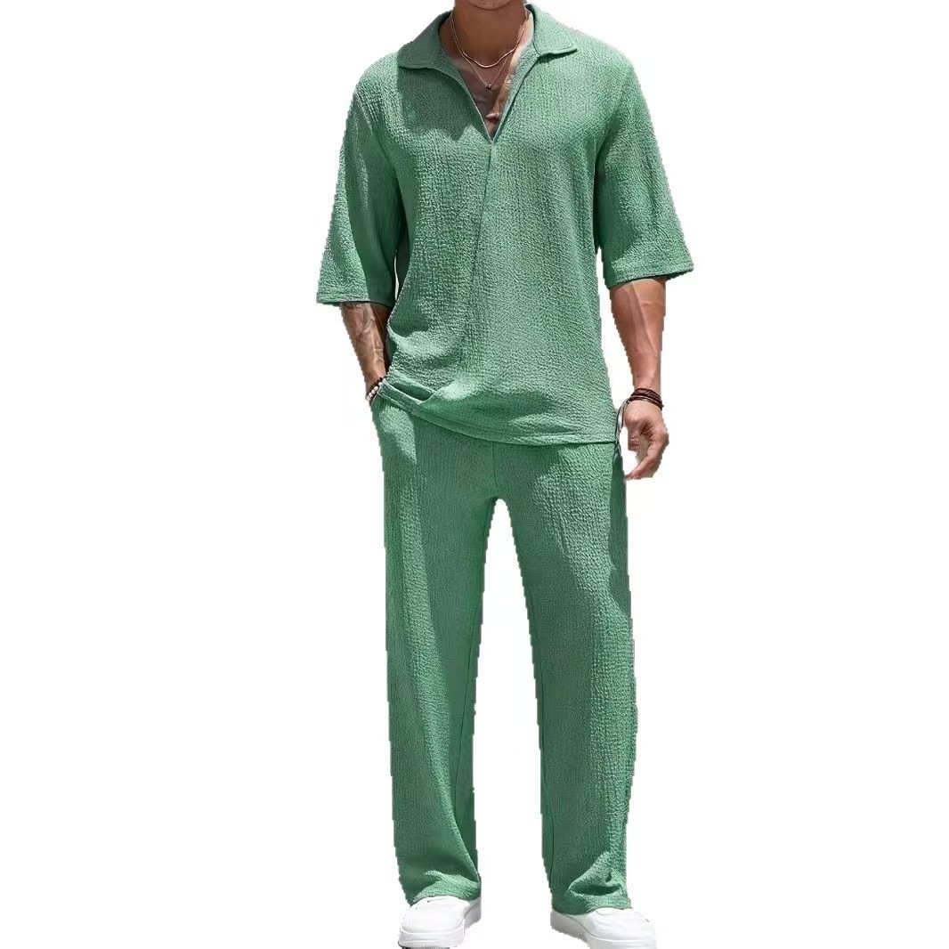 Trendy men's commuting two-piece set, including a solid-color short-sleeve shirt and long pants.