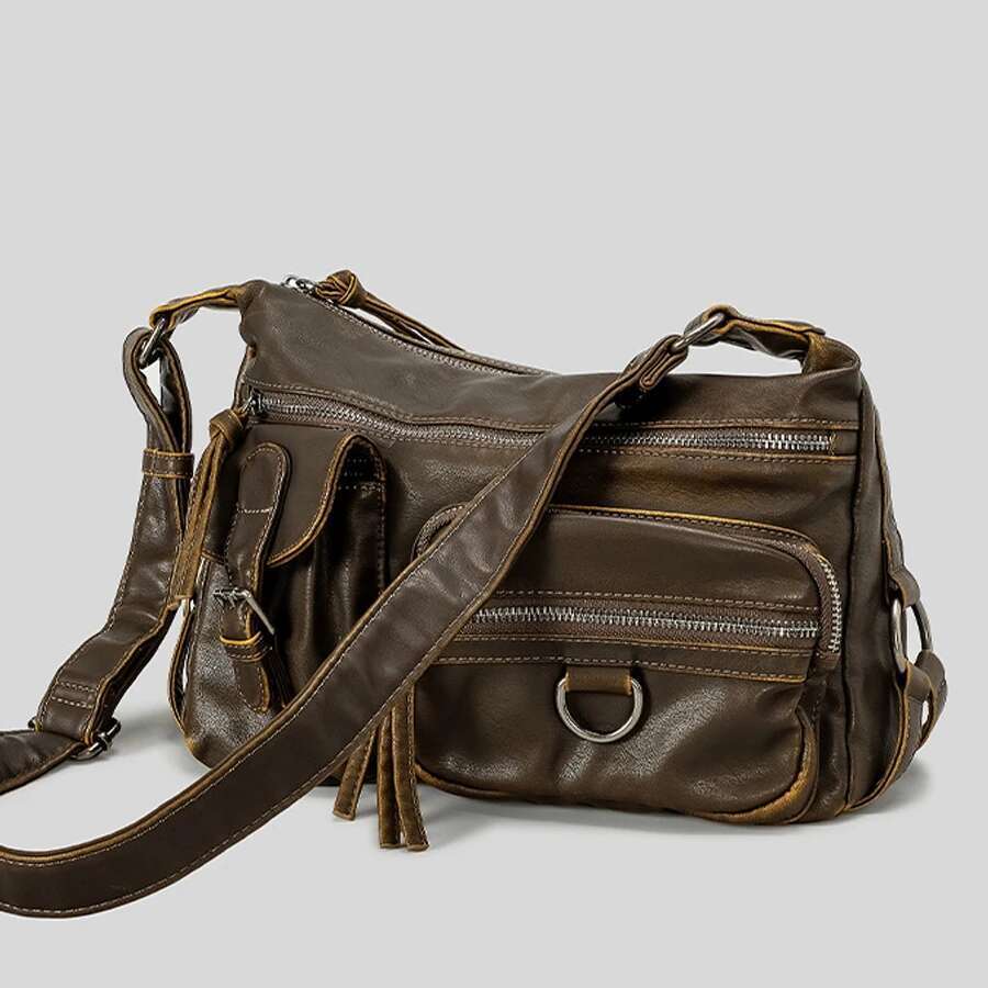 Vintage Multiple Pockets Women Shoulder Bags Washed Pu Leather Crossbody Retro Motorcycle Bag Y2k Sac For Girls 2024