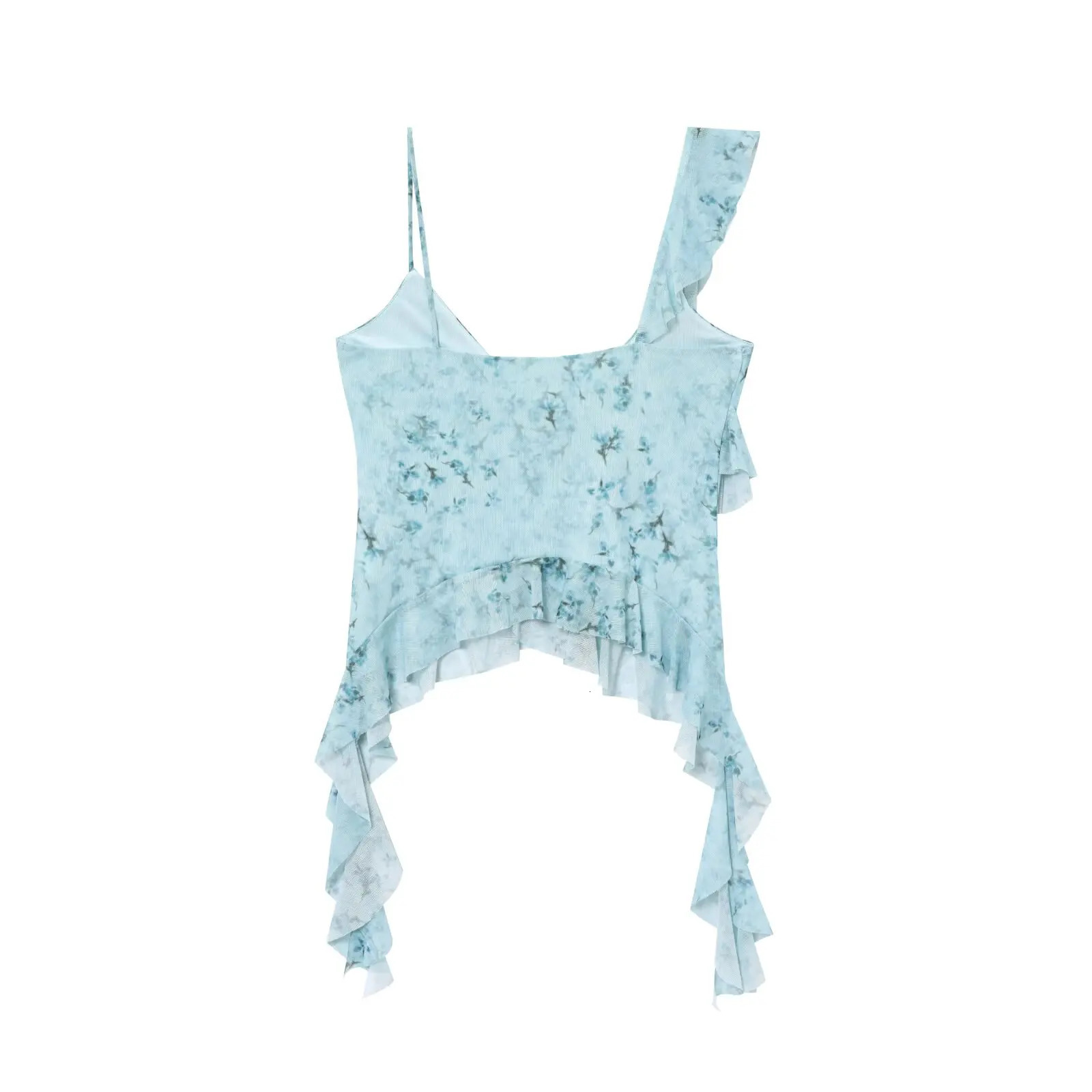 Zevity Women Sexy V Neck Cascading Ruffles Print Mesh Sling Smock Blouse Female Asymmetrical Summer Shirt Chic Tops LS9076 250514