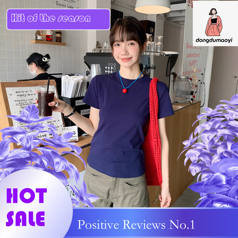 dongdumaoyi Shoulder short sleeved t-shirt for women's summer 2025 new slim fit and versatile top, solid color dopamine base top