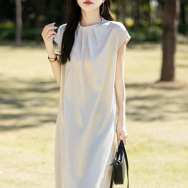 MUU170 Summer new women's round neck long skirt mid-length knee-length pleated slimming temperament dress
