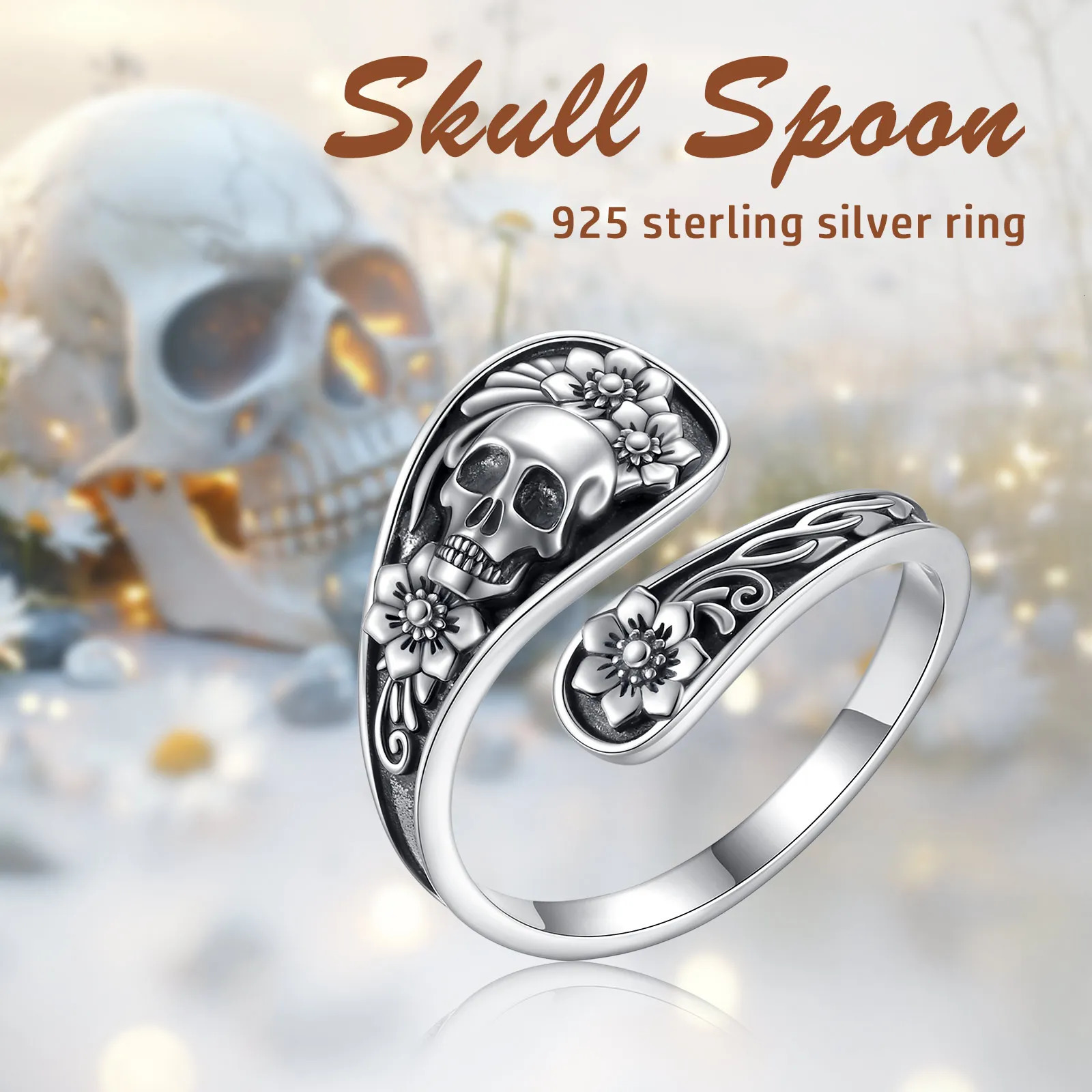 Eudora 925 Sterling Silver Gothic Skull Spoon Adjustable Ring Rose Flower Skeleton Ring Personality Jewelry Gift for Women Man 250509