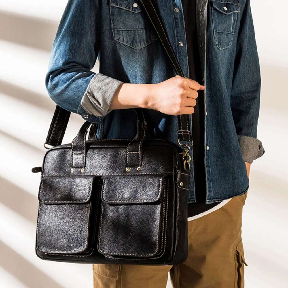 NASVA Leather Men's Briefcase Shoulder Messenger Handbag Business Computer Notebook Bag For 14 Inch