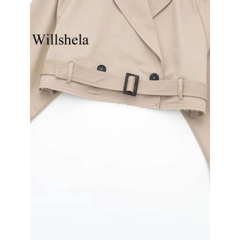 Willshela Women Fashion With Belt Cropped Trench Jacket Vintage Notched Neck Long Sleeve Female Chic Lady Coat Outfits