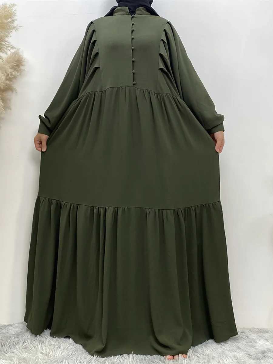 Muslim Middle Eastern Womens Abaya Loose Style Chiffon Long dress Solid Color Islamic Clothing Dubai Turkey Loose A-line button X250514
