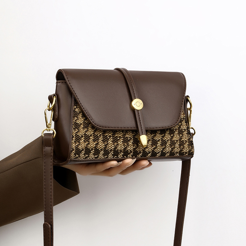 2025 New Bag 2025 Spring New Women's Canvas Splicing Leather Designer Small Square High Quality Thousand Bird Grid Underarm Single Shoulder Cross
