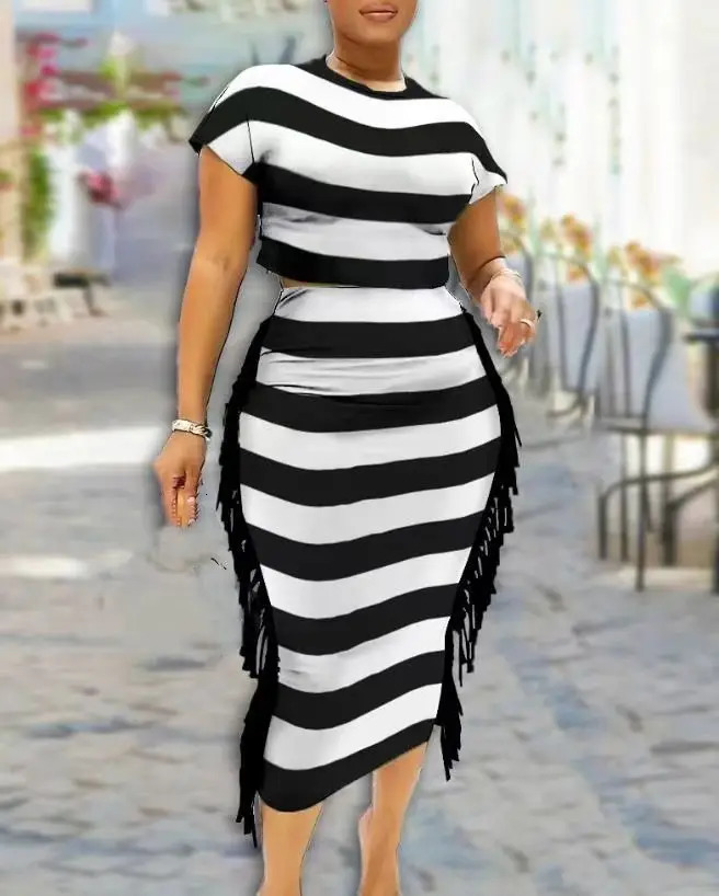 Two Piece Sets Women Outifit Summer Fashion Striped Colorblock ONeck Short Sleeve Crop Top Tassel n Daily Skirt Set 250514