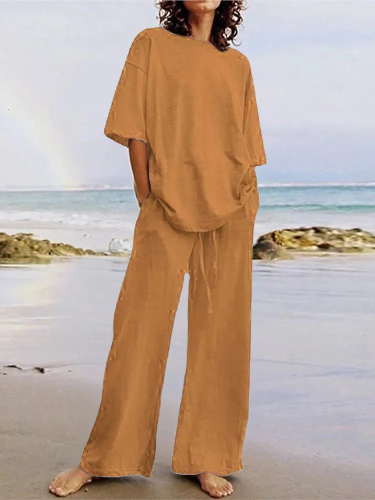 Summer Fashion Womens Two Piece Casual Belt Pocket Set Half Sleeve O-Neck Top And Strap Wide Leg Pants Set 250513