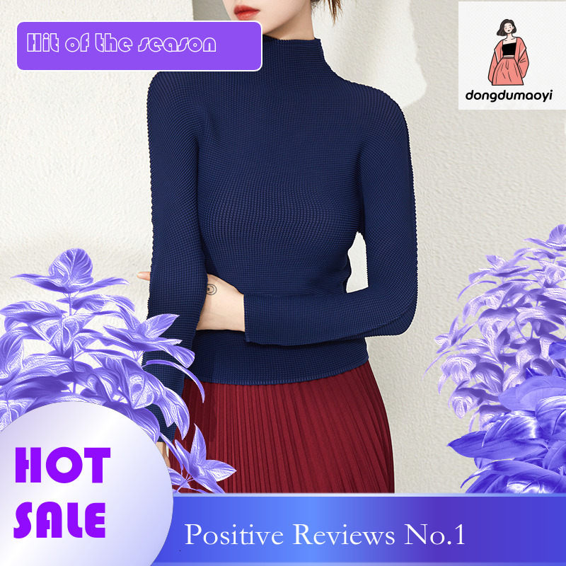 dongdumaoyi Miyake seamless integrated semi base shirt pleated high neck temperament, slim fit and slimming long sleeved T-shirt for women, thin versi