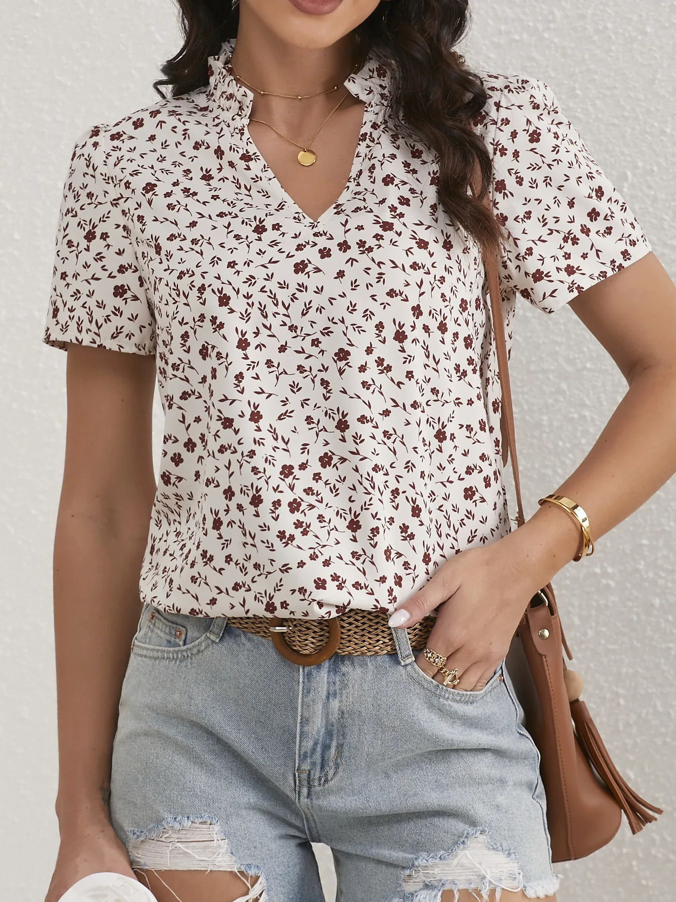 Ladies Ditsy Floral Frill Trim Notch Neck Puff Sleeve Blouse Women Tops Shirts 250514