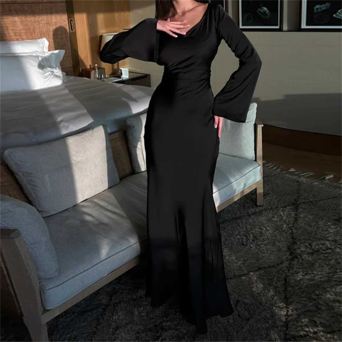 Womens Maxi Dress 2025 New Silk Long Round Neck Satin Flare Sleeve Lace Up Slim Skirt Evening Party Dresses Sexy Chic RobesXJ250514