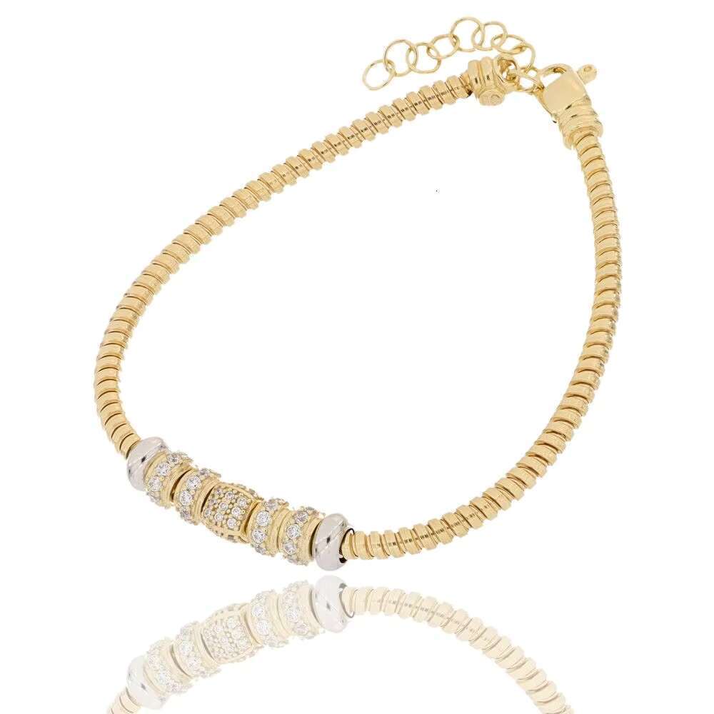 Made in Italy Elegant Gold Bracelet Adorned with Pave-set Beads and Adjustable Chain Perfect for Any Ocn