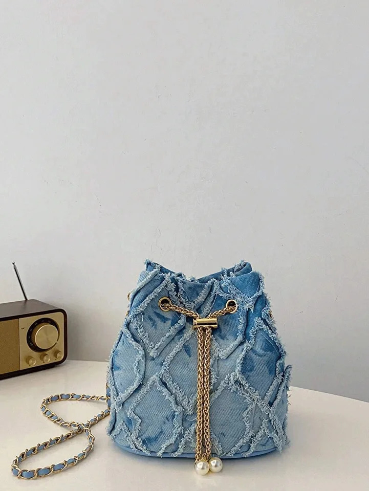 Vintage Denim Bucket Bag Retro Style Light Blue Ripped Edge n Gold Chain Pearl Embellishment Adjustable Fringe Shoulder 250514