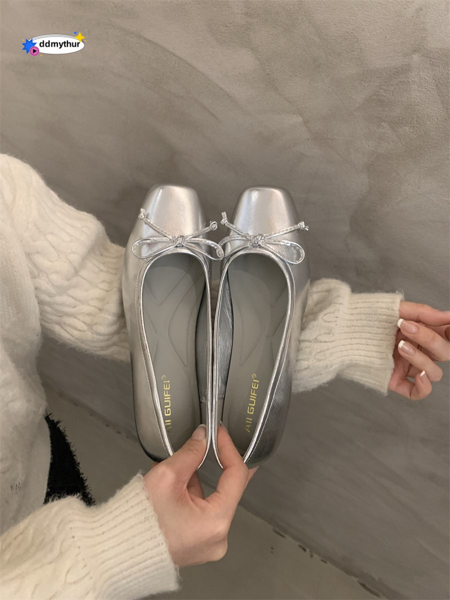 Silver single shoe shallow bow 2025 spring new French gentle evening style flat bottomed scoop shoes for women ddmythur