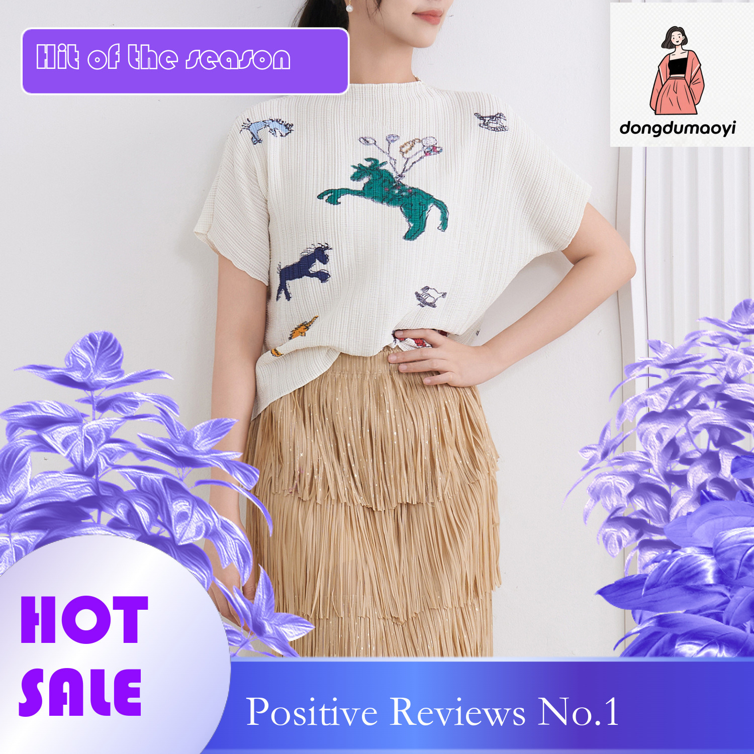 dongdumaoyi Miyake round neck loose thin T-shirt women's summer new print pleated top chiffon pullover short sleeved base shirt
