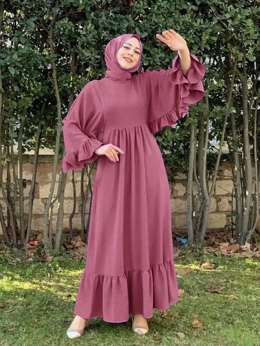 New Muslim fashion hijab Dubai Abaya long dress Women with belt Solid color patchwork Islamic dress Abaya African dress X250514