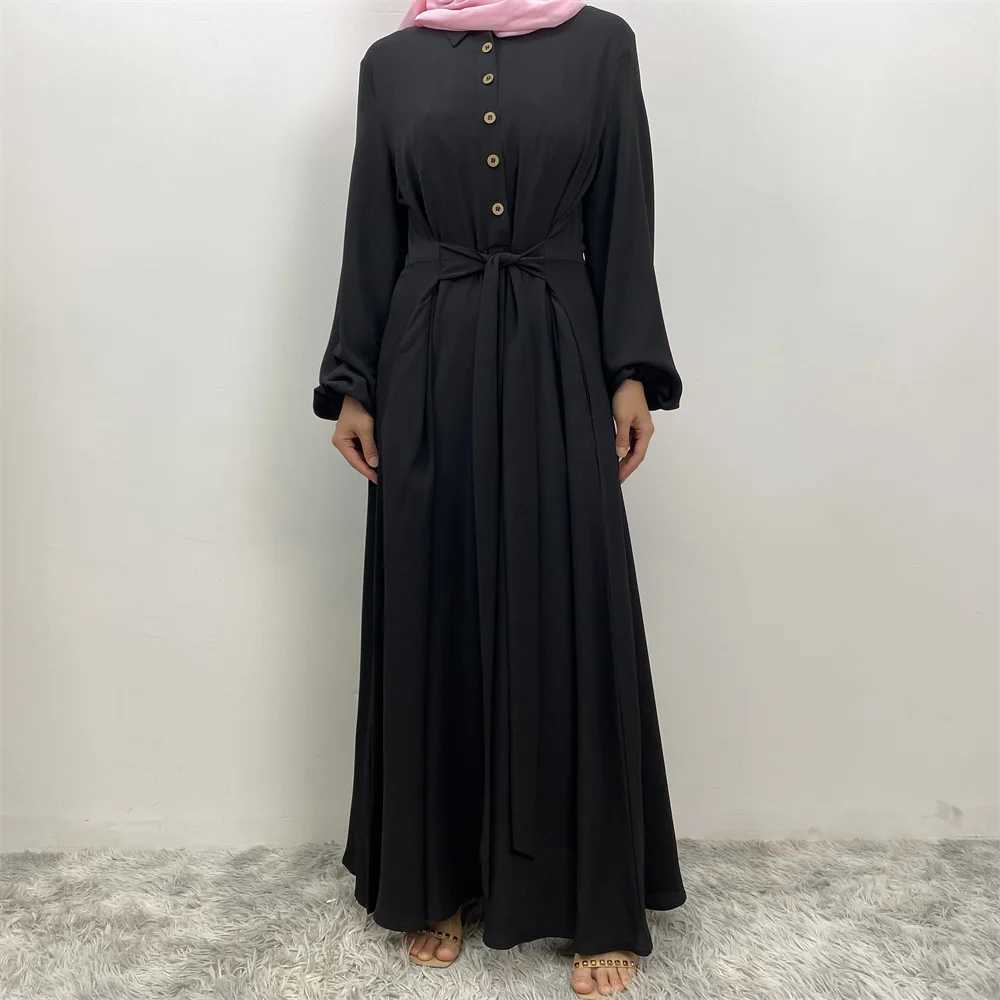 Muslim women summer hot sale chiffon dress Middle East Dubai Turkey solid color loose button elegant temperament dress with pock X250514