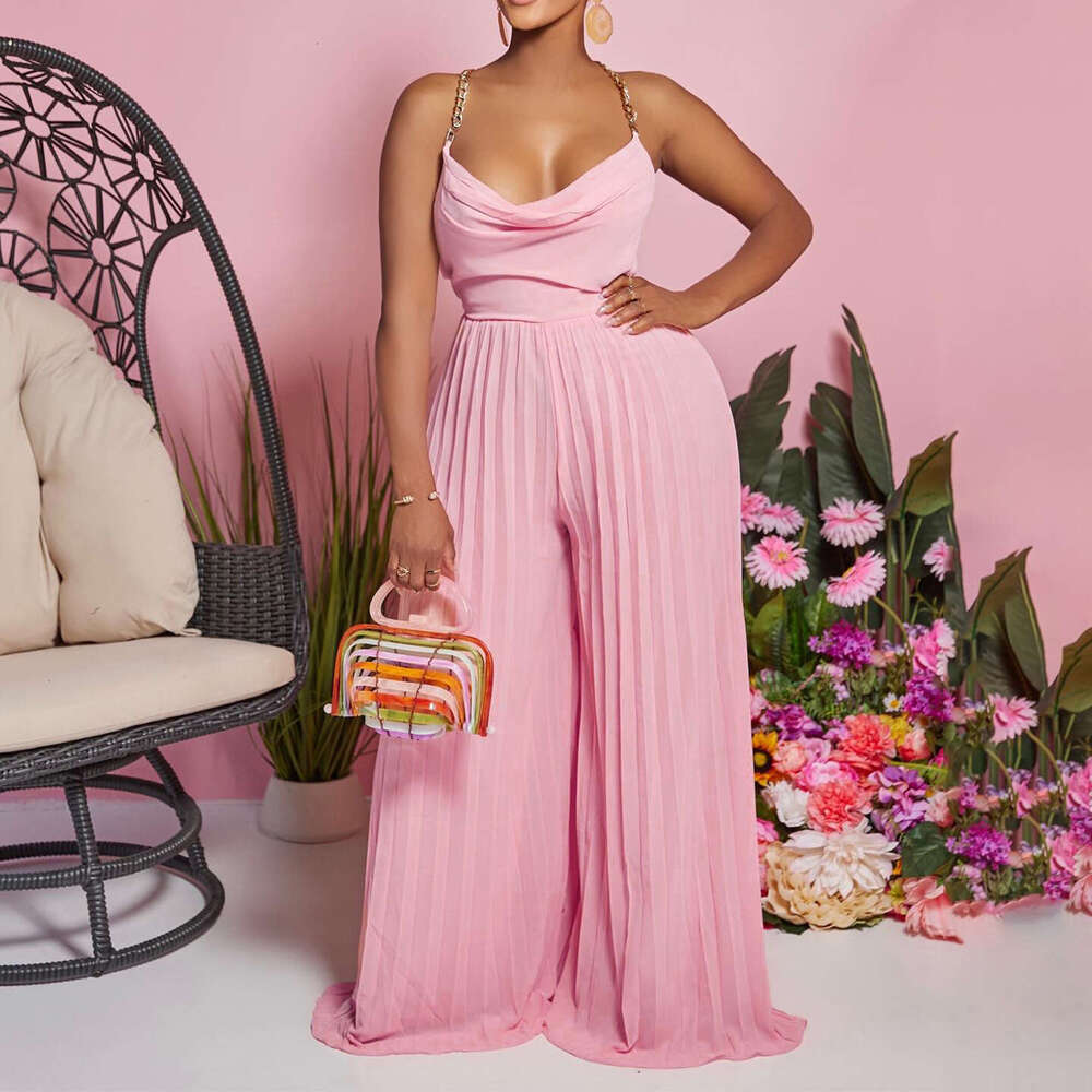 Women's Wear Women's Wear Summer Fashion Chain Hanging Neck High Waist Sexy Backless Wide Leg Pleated Jumpsuit