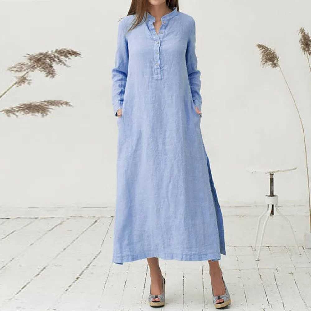Simple Style Cotton Linen Long Sleeved Solid Color Casual Maxi Long Shirt Fashion Retro Loose Button Pullover Dress With PocketsXJ250514