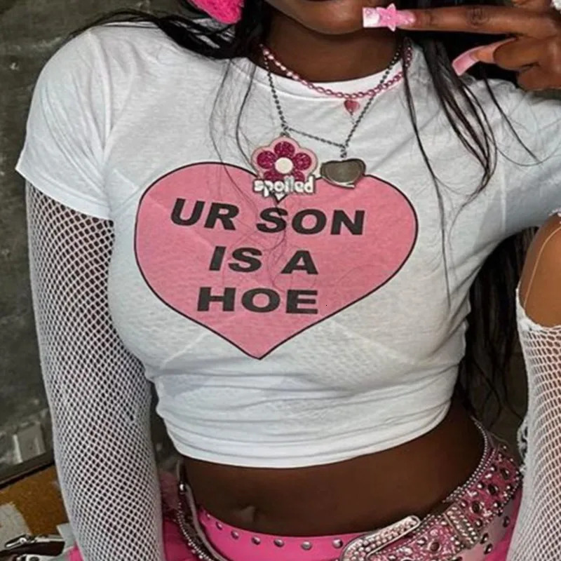 Y2K Style Letter HeartShaped Print Gothic Crop Tops ONeck Grunge HipHop Short Leeve Tshirts Women Clothes Fashion Woman 250514