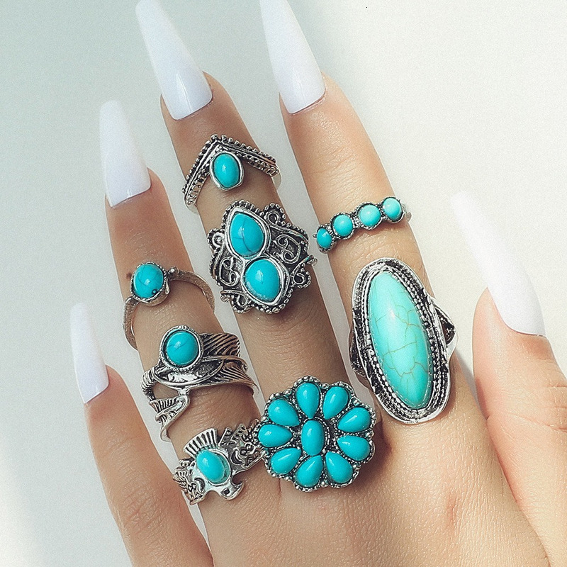Hot selling Wind Owl Feather Leaf Turquoise 8-piece Set Ring