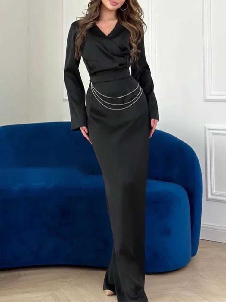 Eid women Party Dress for woman Jalabiya Satin Chains Ramadan Long Dresses Abayas Woman V Neck Robe Caftan Vestidos Largo 2024 X250514