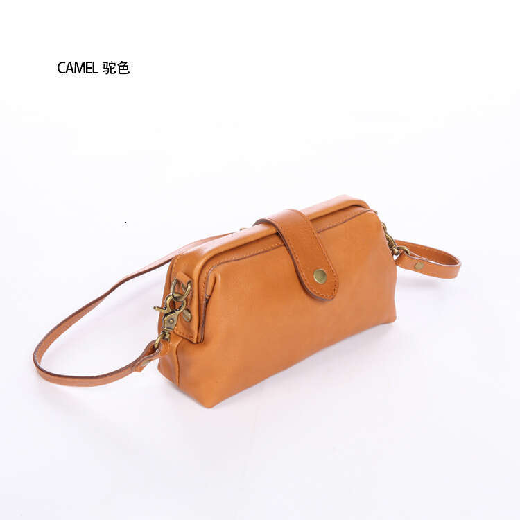 2025 New Genuine Women's Top Layer Cowhide Clip Bag, Casual Vegetable Tanned Leather Box, Mouth, Gold Fan, You Crossbody Bag