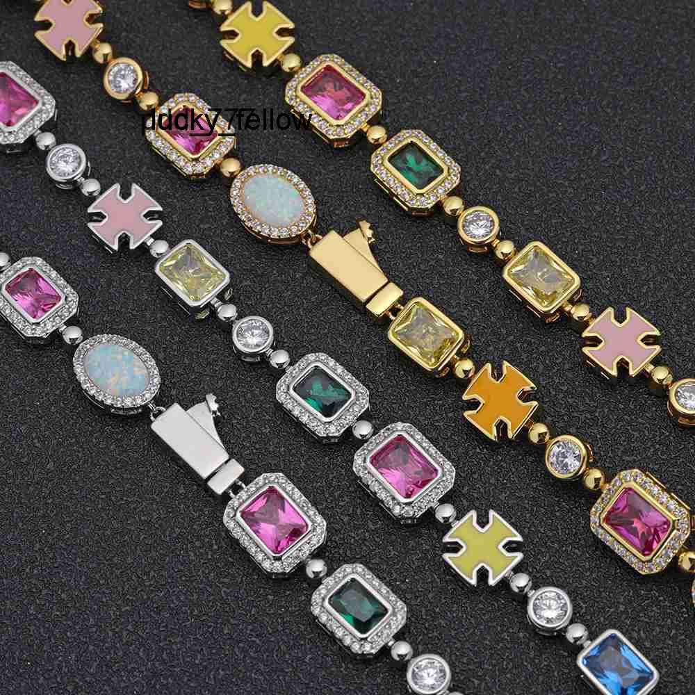 Customizable Silver Geometric Gemstone Motif Iced Chain Necklace Multi-Color Enamel Bling Stones Gold Plated Brass Bangles
