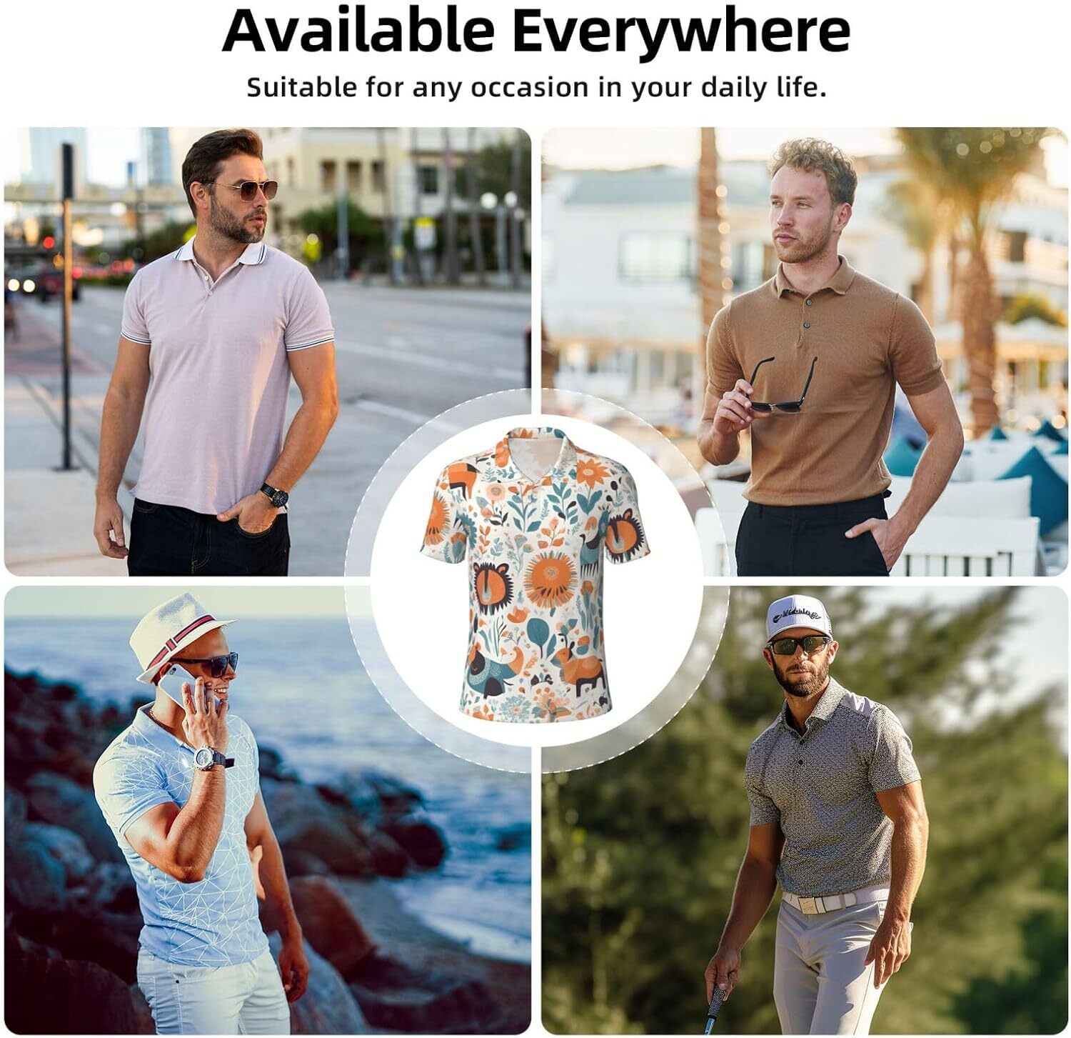 Mens Polo shirt Cute Floral Animal Pattern Mens Short Sleeve Polo Shirt, Performance Quick Dry Collared Shirt for Golf and Casual