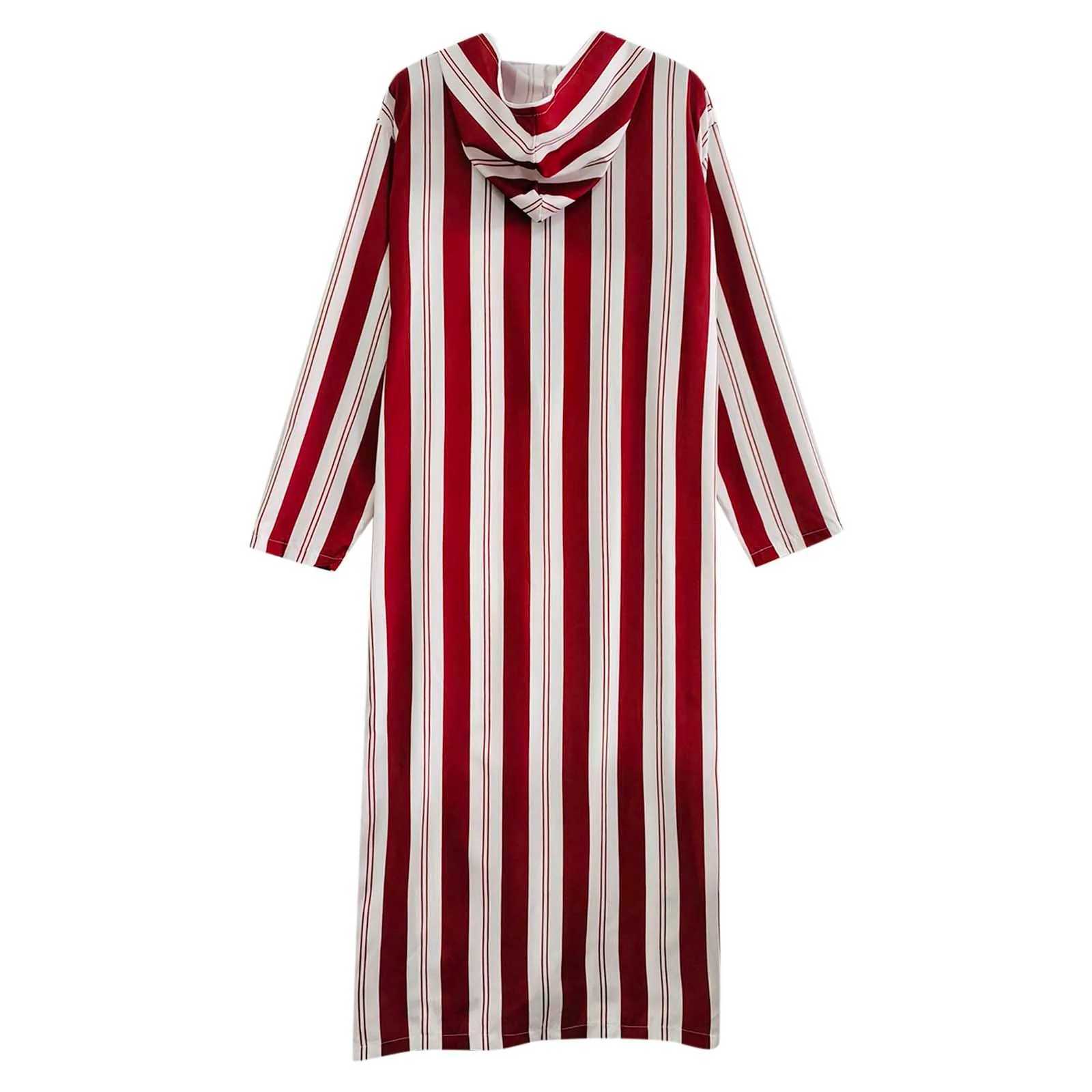 Fashion Men Muslim Clothing Hooded Robes Casual Loose Striped Printed Long Sleeve Zip Abaya Ramadan Middle East Arab Dubai Robe X250514