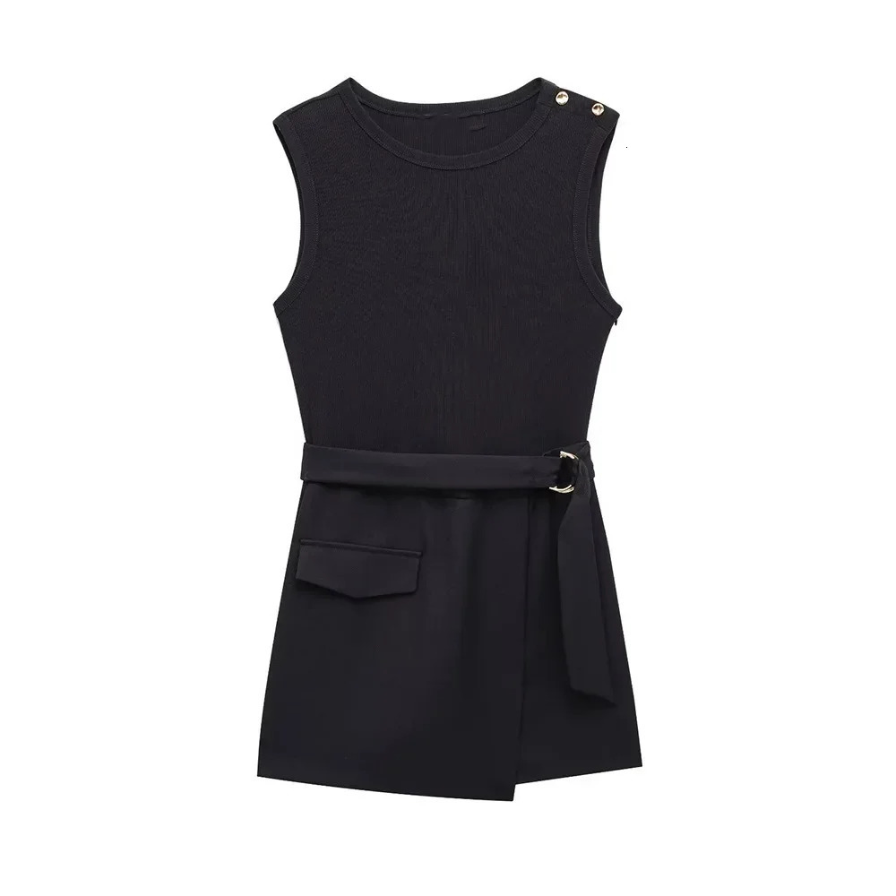 ZBZA Womens Slim Sexy Mini Dress with Belt Vintage Crew Neck Sleeveless Midrise Solid Patch Pocket Summer Chic Top 250514