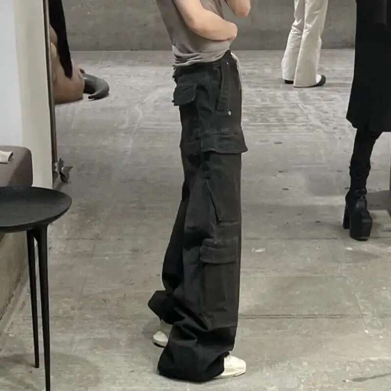 High Street Drawstring Zipper Sliced Wide Leg Cargo Msn's Casual Straight Trousers Loose Denim Pants 28W5963
