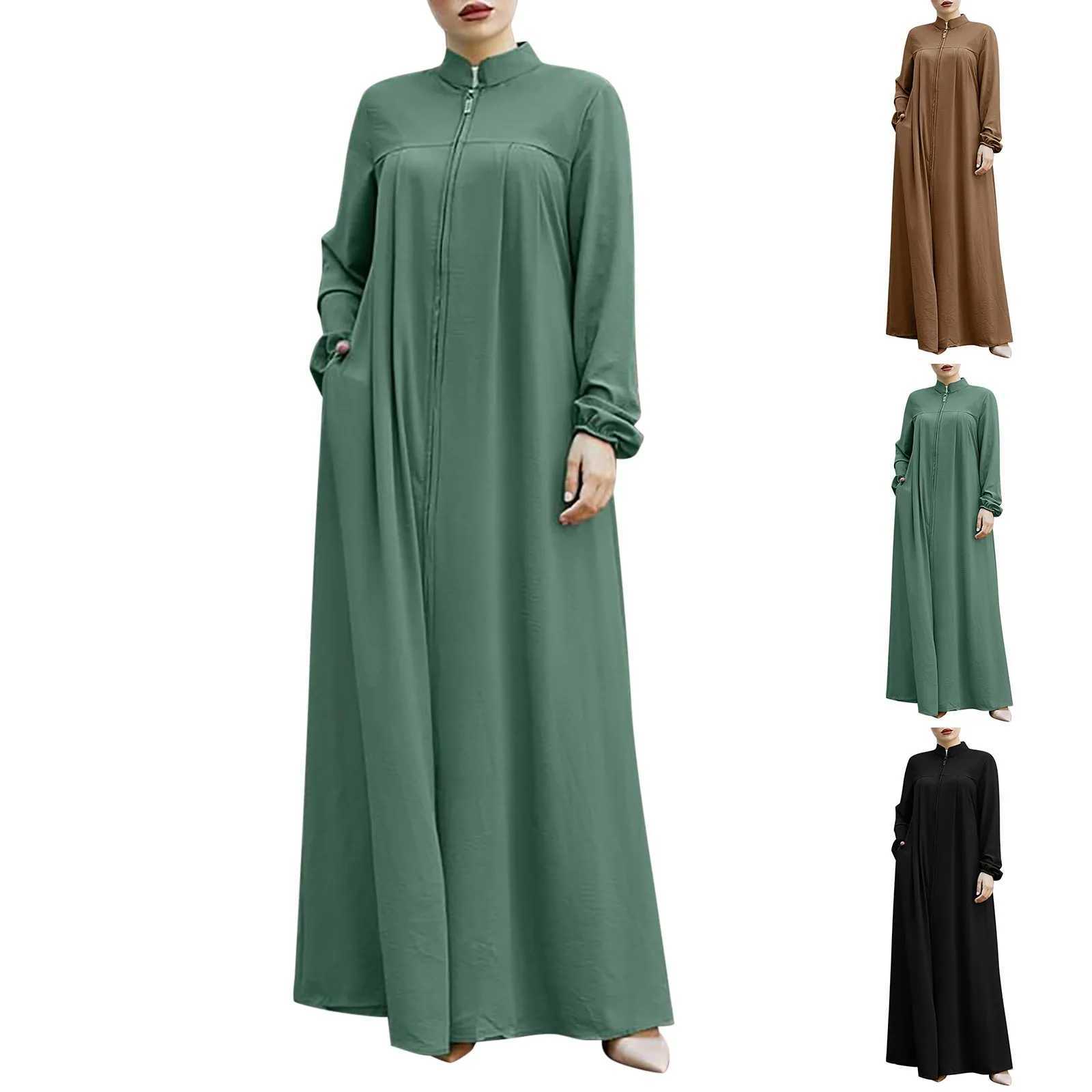 Oversized Women Ramadan Abayas Front Zipper Up Musulman Dress With Pockets Stand Collar Solid Islamic Clothing Loose Jilbab X250514