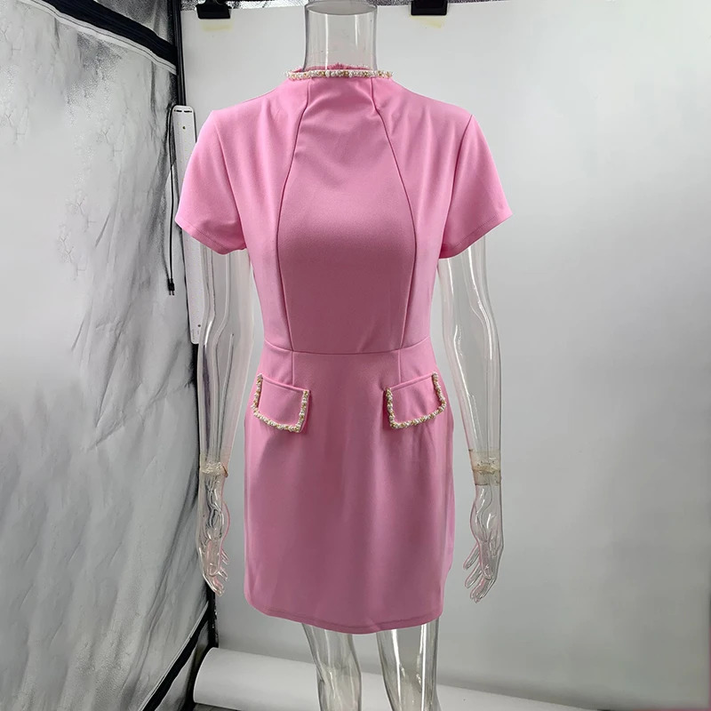 Tornova Elegant Beaded Short Sleeve Dress Female High Waisy Solid Splice Mini Commuting Party Outfits Bodycon Chic 250514