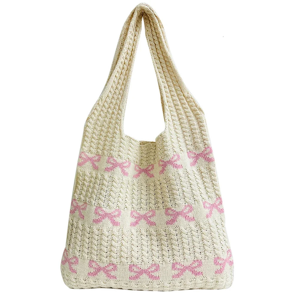 Womens Bow Shoulder Bag Raffia Aesthetics Crochet Handbag Purses Knitted Shopping Summer Beach Ladies Woven Tote Bags 250514