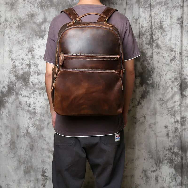 NZPJ Retro Genuine Men's Large Capacity Head Layer Backpack Casual Crazy Horse Leather Laptop Bag