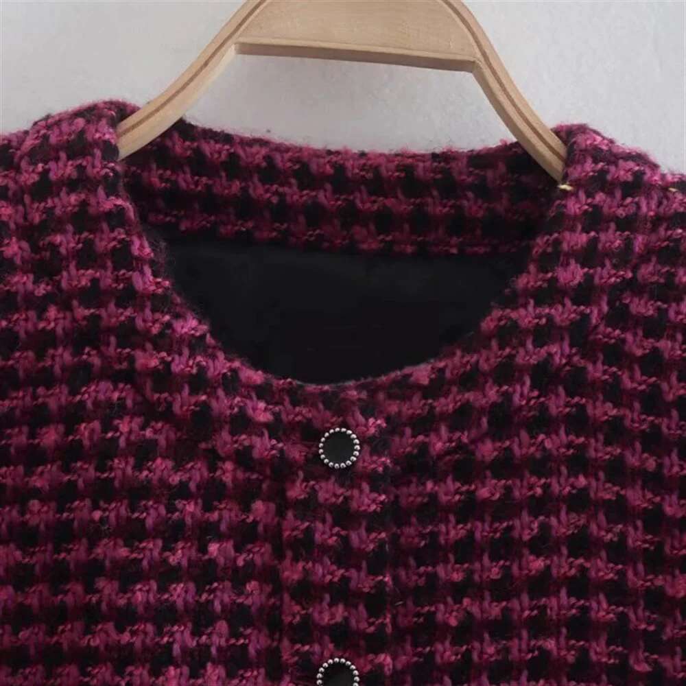 BM&MD&ZA autumn new women's clothing style slim fit simple short round neck long sleeved plaid texture jacket
