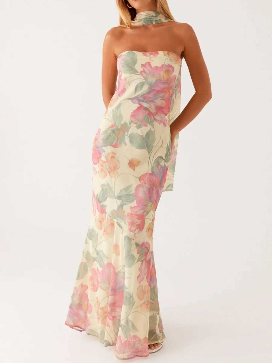 Womens Floral Strapless Dress Sexy Backless Maxi Long Dress Y2K Sleeveless Mesh Bodycon Tube Dress with Neck Scarf SundressXJ250514
