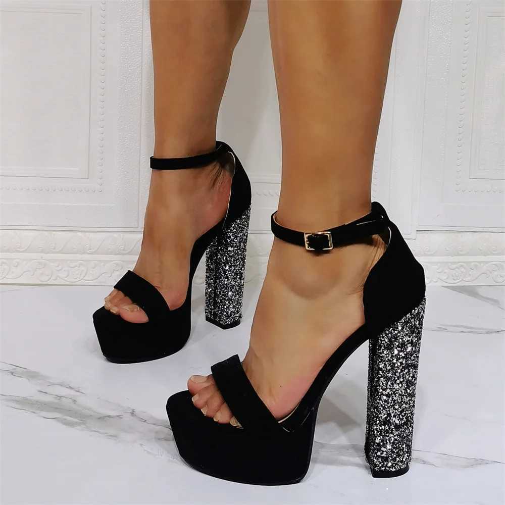Boldees Chic Black Suede Chunky Heel Platform Sandals Line Buckle Style OpenToe Glittery Sequins Decorated Block HeelDress Shoes W250514